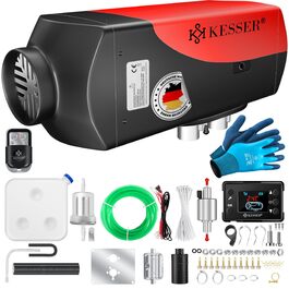 Автономний дизельний обігрівач KESSER 8кВт 12В/24В з LCD-дисплеєм, таймером та пультом керування, повітряний підігрівач з глушником та термостатом (Червоний)