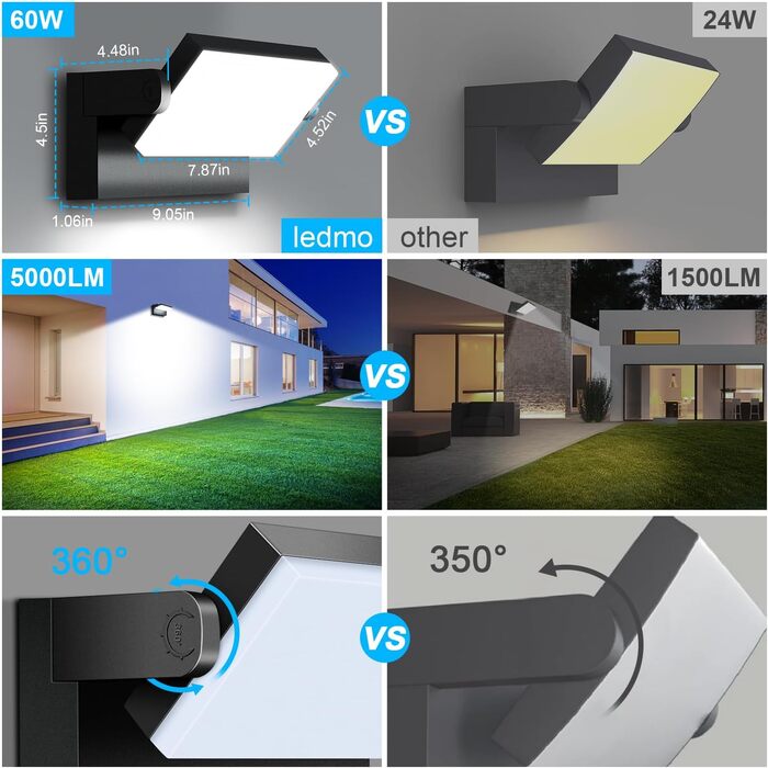 Набір стінових LED-світильників ledmo 60W (4 шт), 360° панель, 5000LM, IP65 водонепроникні, регульований кут нахилу, чорні, 6000K