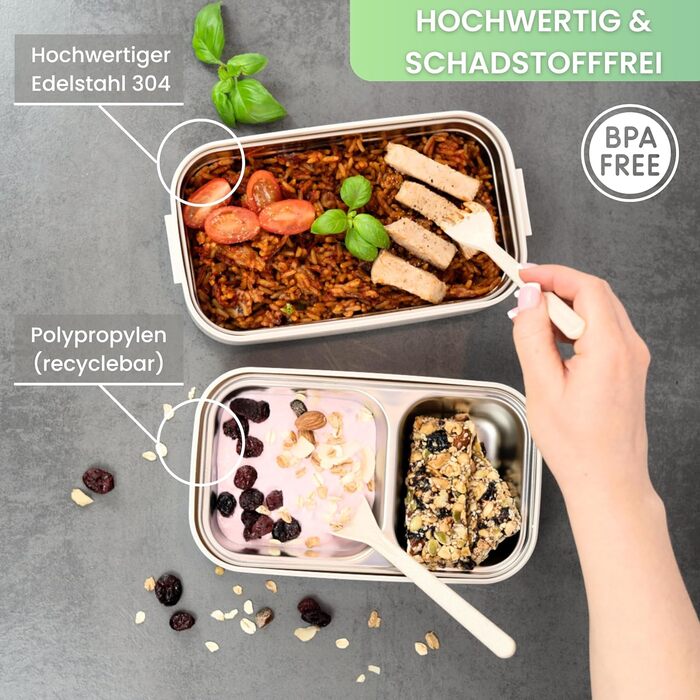 FRADABOX® Ланчбокс Bento 'Taylor', 2-ярусний з відділеннями, преміум нержавіюча сталь, BPA-free, контейнер для їжі з прибором, герметичний, для дорослих, підходить для мікрохвильовки, ідеальний для подорожей та Meal Prep