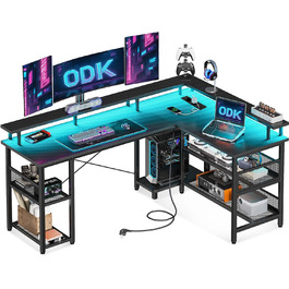 Ігровий стіл ODK з LED-підсвіткою, реверсивний кутовий комп'ютерний стіл 168×120 см, з 2 розетками, 2 USB-портами, мережева полиця, карбон, чорний