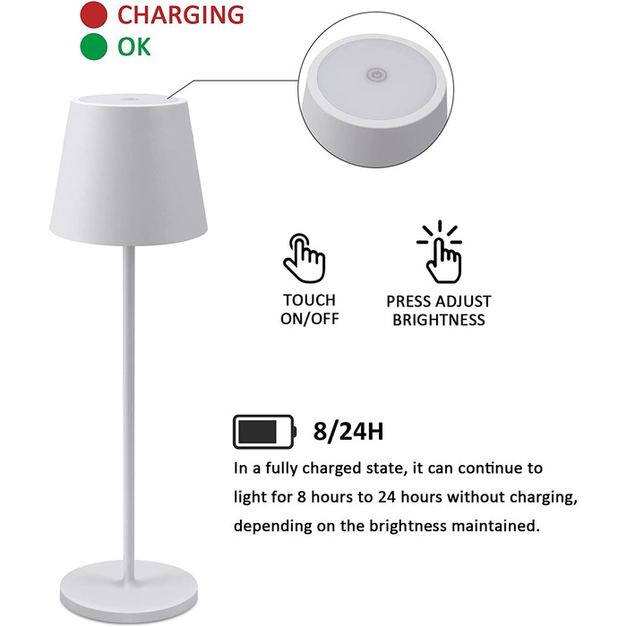 LED настільна лампа K-Bright з димуванням, акумуляторна | Внутрішнє та зовнішнє використання | Тепле світло | USB зарядка | 1 шт.