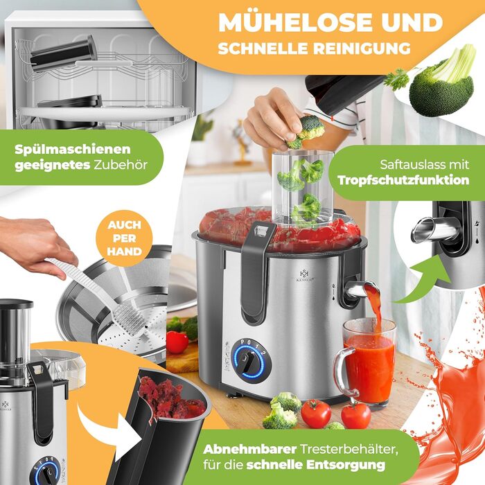 Електрична соковитискачка KESSER® Zentrifuge з нержавіючої сталі, 1100W, велика трубка для завантаження, 3 швидкості, сірий/сріблястий колір