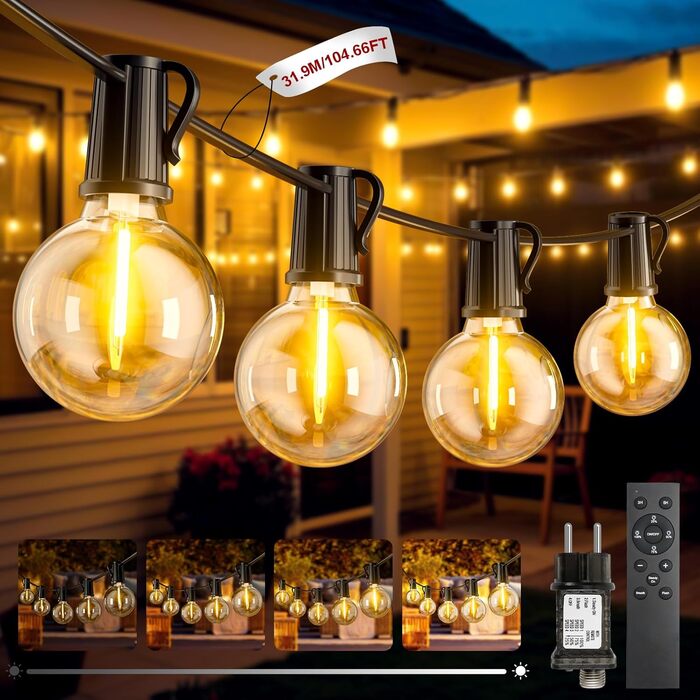 LED гірлянда для зовнішнього використання, з таймером, 30+1 G40 лампочки, димування, IP44, вологостійка, для декору саду, балкону, внутрішнього та зовнішнього використання (31.9м)