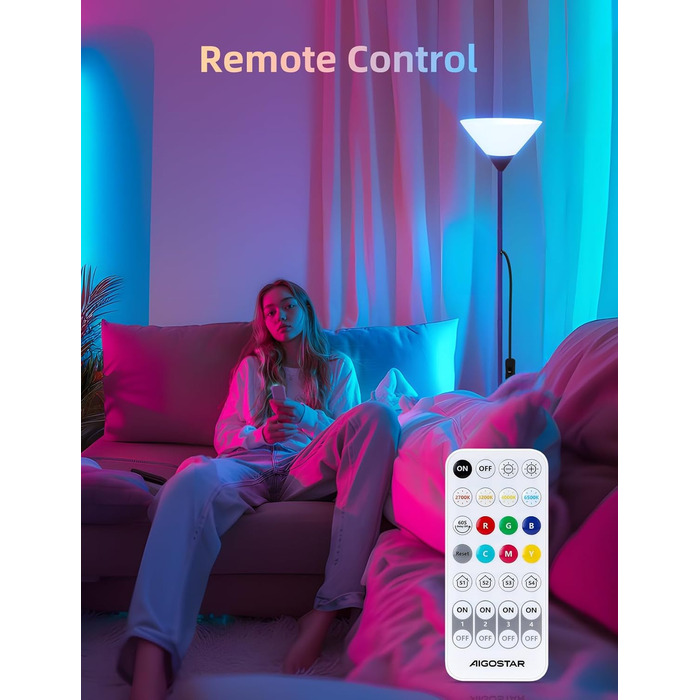LED торшер Aigostar для вітальні та спальні, з Bluetooth Mesh G45 E27 6.5W лампою, димером, RGB та 2700K-6500K, з пультом, сумісний з Alexa