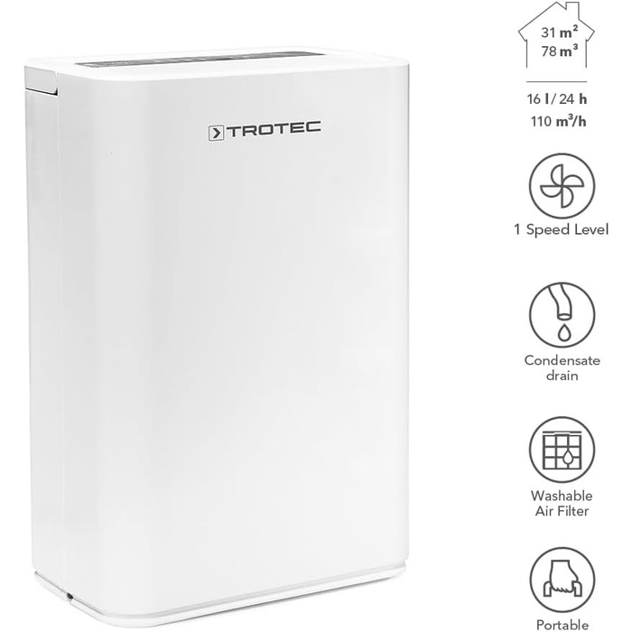 Осушувач повітря TROTEC TTK 52 E, електричний, 16 л/доба, для приміщень до 31 м², авто-вимкнення, для квартири та спальні