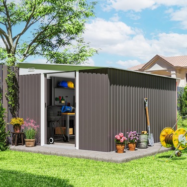 Outsunny Garden Shed 8.9 ㎡ Сталевий садовий сарай з моноскатним дахом і розсувними дверима, вентиляційні отвори, 280x345x201см, сірий
