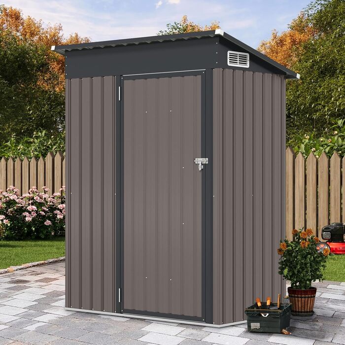 Металевий садовий будиночок COSTWAY 150x90,5x185 см, 1,5 м³, з односхилим дахом та дверима, замиканий, для інструментів, сірий
