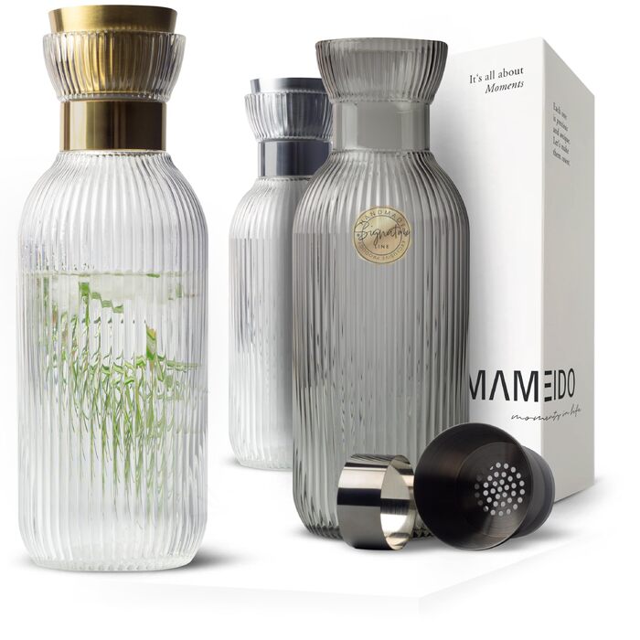Графін для води MAMEIDO з носиком та ситом, 1.5 л, рифльоване кришталеве скло, Crystal Gold