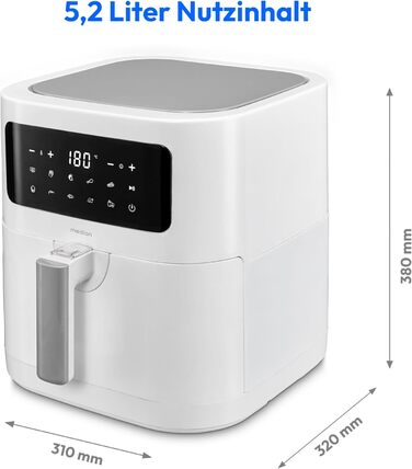 Аерофритюрниця MEDION E40 XL 5,2 л, 2150 Вт, 9 програм, сенсорне керування, LED-дисплей, біла, для смаження без олії