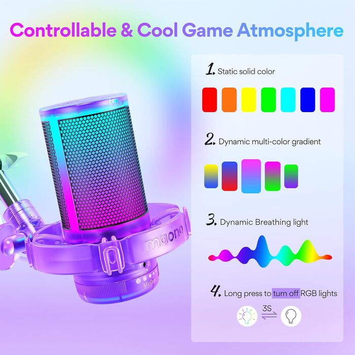 MAONO USB ігровий мікрофон з шумозаглушенням, RGB конденсаторний мікрофон для стрімінгу, подкастів, Twitch, YouTube, Discord, ПК, Mac, PS4, PS5, модель DGM20S, фіолетовий