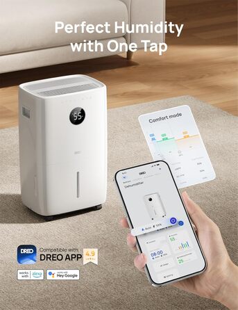 Dreo Розумний осушувач повітря /24h, для приміщень 37 м² – енергоефективний та тихий – керування через App & Alexa – 3 режими, таймер, регульована вологість, з відводом води, для спальні та ванної кімнати, білий (52L)