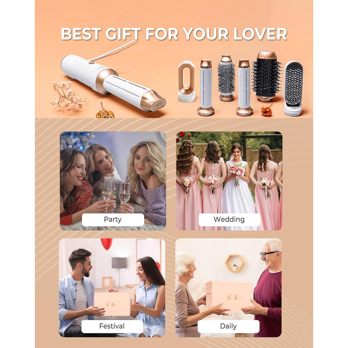 UKLISS 6-в-1 Hairstyler: Фен-щітка для укладки волосся з гарячим повітрям, автоматична, Pro (біло-сірий)