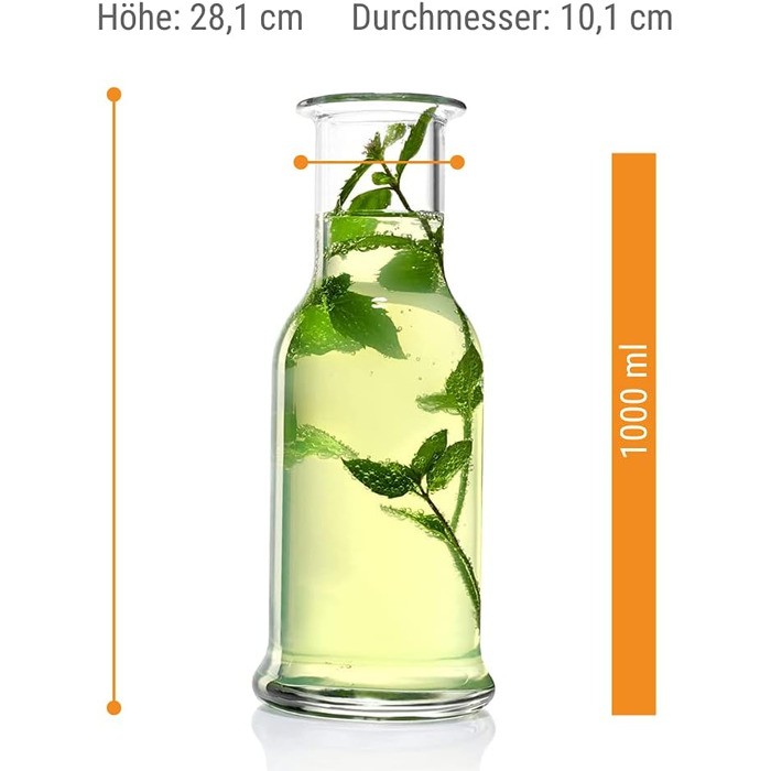 Набір скляних карафнів Stölzle Lausitz Purity (6 шт), 1000 мл, прозорі — універсальні графи для води, лимонаду та вина, стійкі до ударів та підходять для посудомийки