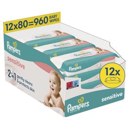 Вологі серветки для дітей Pampers Sensitive, 12 пачок по 80 шт (загалом 960 шт)