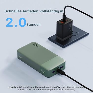 Power Bank NOBIS 20000mAh, 45W з USB-C кабелем, Digital Display, Зелений