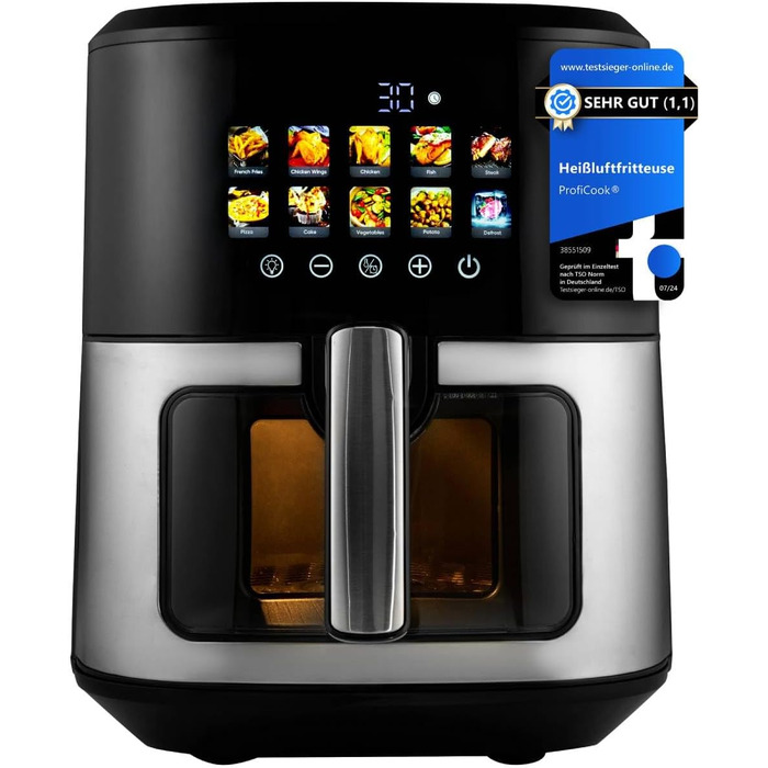 Аерофритюрниця ProfiCook 6,5 л з кольоровим дисплеєм, 9 програм, 1700 Вт, без олії, нержавіюча сталь, модель 2024