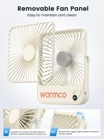 Вентилятор акумуляторний Warmco 10000mAh 21 см, портативний, до 24 год, тихий, з дисплеєм для кемпінгу, офісу, спальні, подорожей (білий)