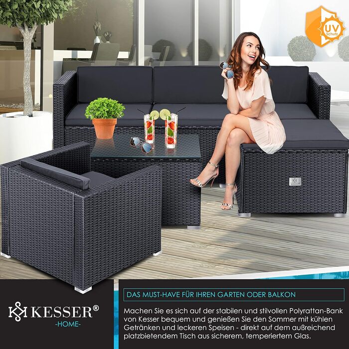 КЕССЕР® Lounge Aruba з ротангу - садовий лаунж для 4-5 осіб. Комплект садово-розсудних меблів: 3-місне софа, крісло, пуф, журнальний столик з подушками для саду, тераси та балкону, антрацит.