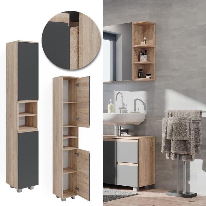 Шафа для ванної Vicco J-Shape, дуб сонома/антрацит, 30x190 см