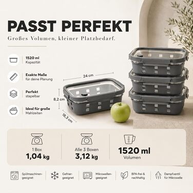 Набір скляних контейнерів для їжі Meal Prep (3 шт) з герметичною кришкою, 640-1520 мл, модель Tarifa