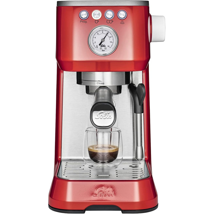 Еспресо-машина Solis Barista Perfetta Plus 1170, професійна ріжкова кавоварка з манометром, паровою та гарячоводною насадкою, температурним регулятором, 54 мм холдером, подвійним носиком, червона
