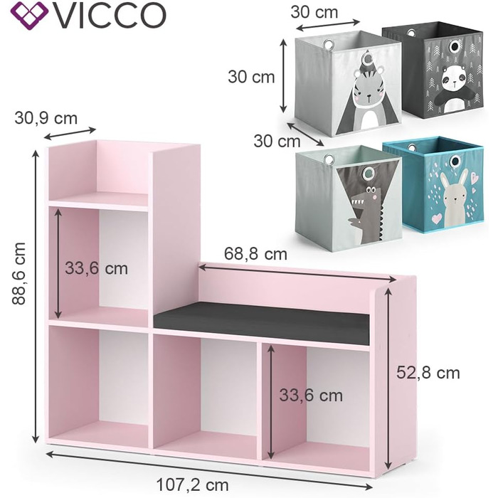 Дитяча полиця Vicco Luigi рожева 107.2x88.6 см з 2 складними коробами (сірі)