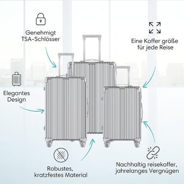 Дорожня валіза Voyagoux 39L, мала, жорсткий ABS корпус, TSA-замок, 4x360° колеса, срібляста