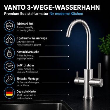Змішувач кухонний AORA® VANTO INOX з нержавіючої сталі 304 для фільтра води та системи зворотного осмосу, поворотний вилив 360°