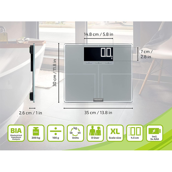 Цифрова вага Soehnle Shape Sense Connect 200 з Bluetooth для аналізу складу тіла, BIA, точний розрахунок калорій