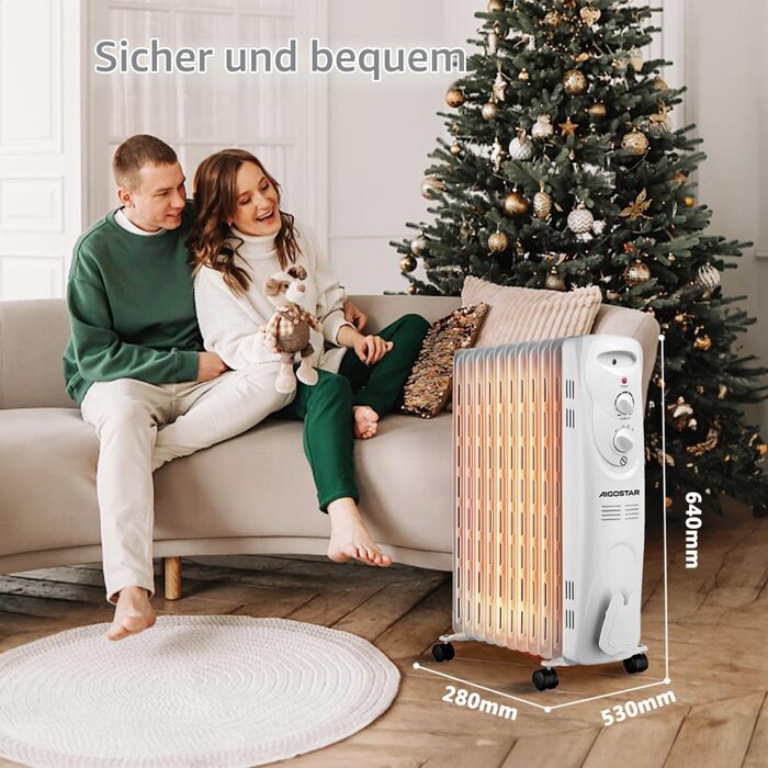 Електричний масляний радіатор Aigostar Pangpang 2300W, 11 секцій, з термостатом та 3 режимами нагріву, мобільний обігрівач (Білий, 2 шт)