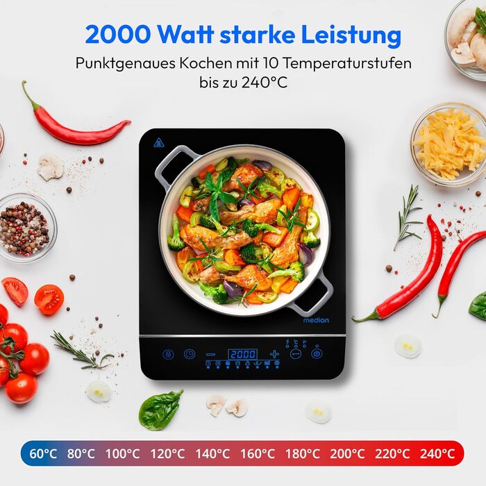 Плита індукційна MEDION MD 17595, 2000 Вт, LED дисплей, 10 рівнів потужності, 8 програм, чорна