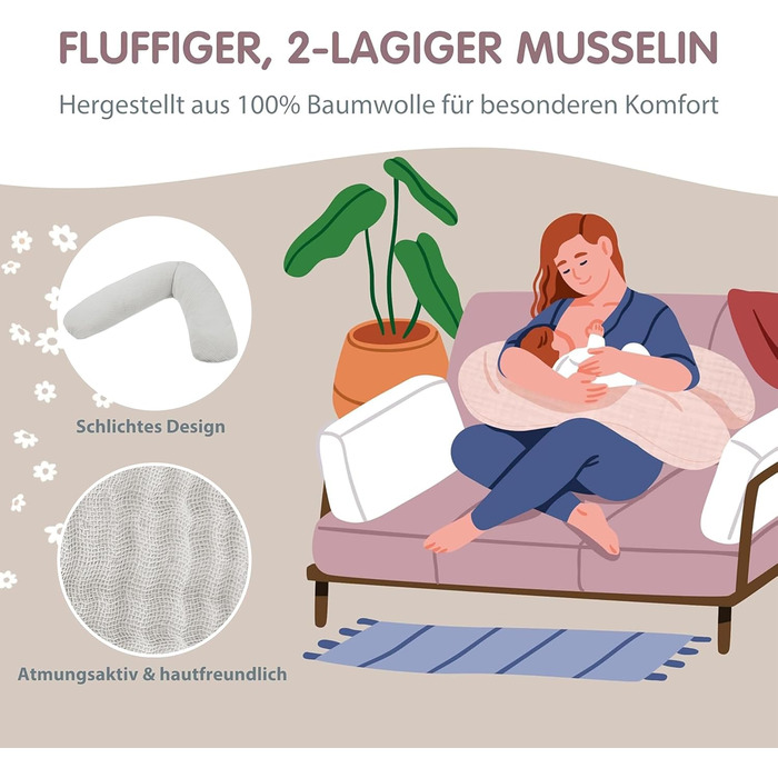 Подушка для вагітних та годування Theraline Dodo Pillow Premium 180 см, мусліновий чохол (100% бавовна), колір: димчасто-сірий