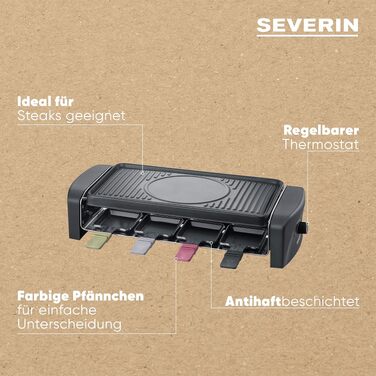 Раклет-гриль SEVERIN RG 9646: електричний стільний гриль з антипригарним покриттям та 8 сковородками, 1400 Вт, чорний