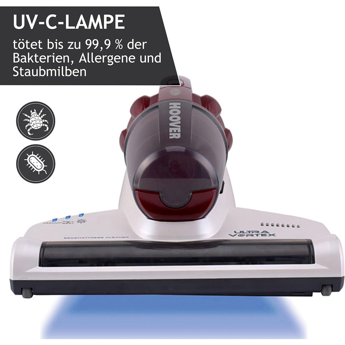 Пилосос Hoover Ultra Vortex з UV-ліхтарем для матраців і м'яких меблів, 3-в-1, проти пилових кліщів та алергенів, гігієнічне очищення для алергіків