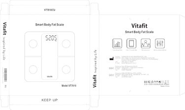 Ваги для аналізу складу тіла Vitafit з Bluetooth і додатком, вимірювання жиру, м'язової маси, ІМТ, білка, BMR, срібні