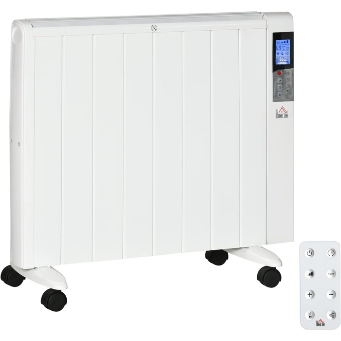 Електричний обігрівач HOMCOM 2000Вт з LCD-дисплеєм, 2 режими нагріву, дистанційне керування, захист від перегріву та перекидання, для кімнат до 15 м², білий, 75x7,5x58,5 см