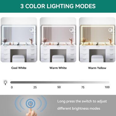 Туалетний столик YITAHOME з LED-підсвіткою, 3 кольори, регульована яскравість, дзеркало, 11 шухляд, розетка, білий, сучасний косметичний столик для макіяжу