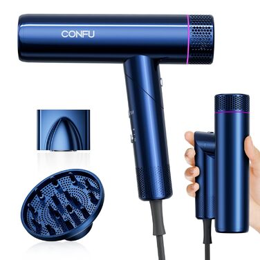 Професійний іонізаційний фен для волосся CONFU 1700W, складаний фен з магнітним диффузором та стилізуючою насадкою, низький рівень шуму, синій