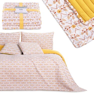 Покривало AmeliaHome Folky 240x260 см, двостороннє, легке у догляді, стьобане, з фольклорним рослинним візерунком, жовто-біло-оранжеве