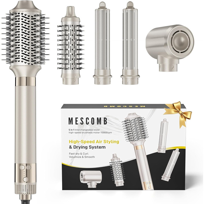 MESCOMB 5-в-1 Airstyler та Hairstyler: Фен-щітка з іонізацією, автоматичний локонів та об'ємна щітка – Швидке сушіння, укладка для локонів, об'єму та вирівнювання без пошкоджень | Легкий та ідеальний для дому, колір шампань-золото