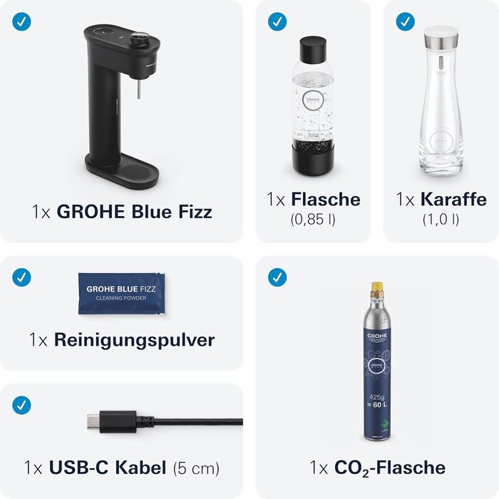 Сифон для газування води GROHE Blue Fizz Starter Set, чорний (3 рівні газування, пляшка 0.85л, порошок для очищення), 31943K00