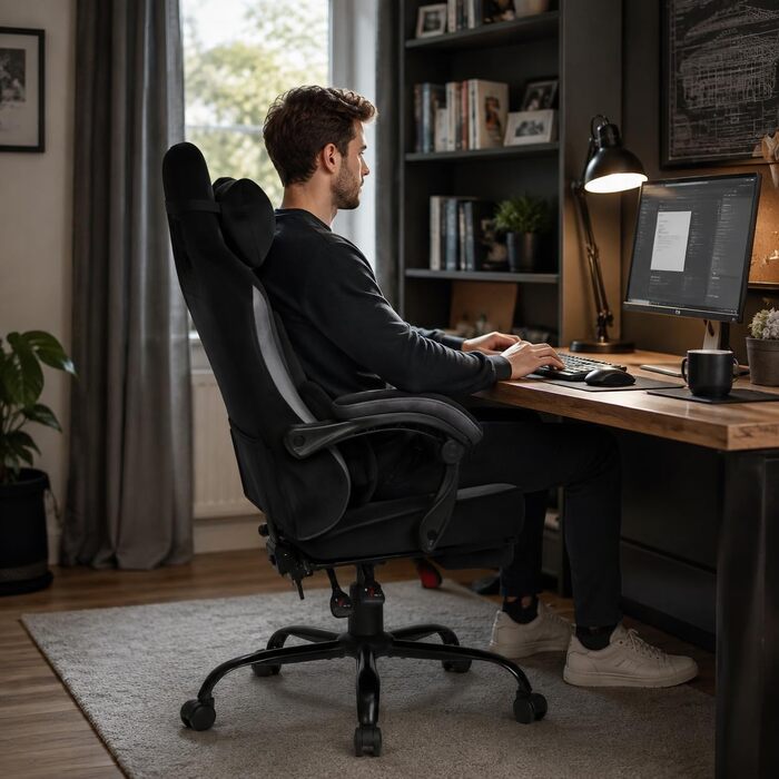 Ігрове крісло PixelPilot Ergonomic з підставкою для ніг, дихаюча тканина, підголівником та поперековою підтримкою, посилене до 150 кг, чорне