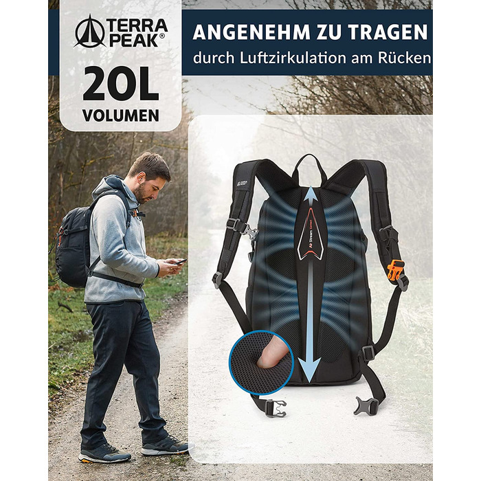 Туристичний рюкзак Terra Peak Flex 20L, чорний, з вентиляцією спини, питною системою та дощовиком, поліестер 3D Air Mesh, для походів та міста