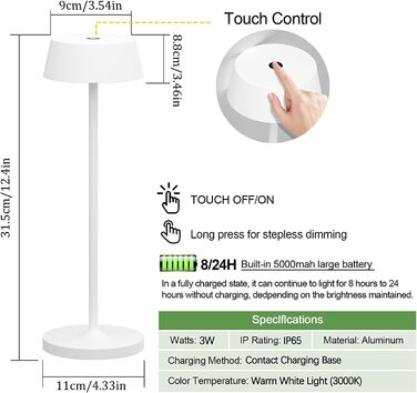 Klighten LED акумуляторна настільна лампа, диммована, сенсорна, алюмінієва, бездротова, IP54 водостійка, для дому та вулиці, 2 шт., біла, 3000K-6000K, USB-C зарядка