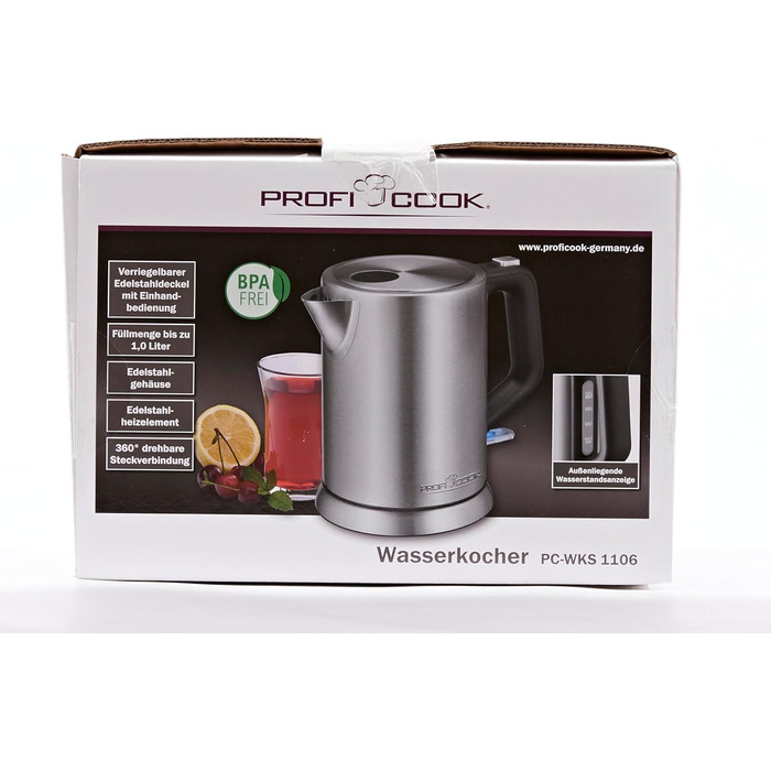 Електрочайник ProfiCook 1 л, нержавійка, 2200 Вт, компактний, BPA-free, одноручне керування, індикатор рівня води, модель PC-WKS 1106