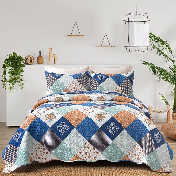 Покривало-печворк WONGS BEDDING 240x260 см з мікрофібри, стьобане, квітковий візерунок, чорне-сіре, з 2 наволочками 48x75 см
