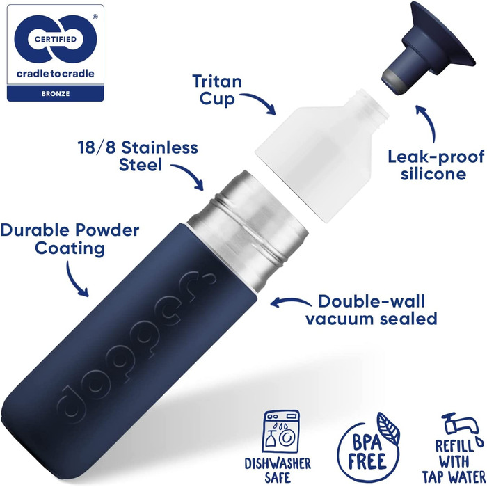 Термос Dopper Breaker Blue 350 мл – нержавіюча сталева термочашка для кави, чаю, подвійні стінки, тримає 24 год холод, 9 годин тепло, герметична, для напоїв, синя