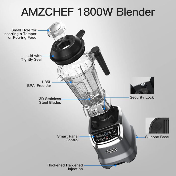 Потужний блендер AMZCHEF 2-в-1 з двома чашами 2000 Вт, стаціонарний міксер-смузі мейкер 1,85 л, 6 лез, портативний блендер 600 мл з кришкою, сірий
