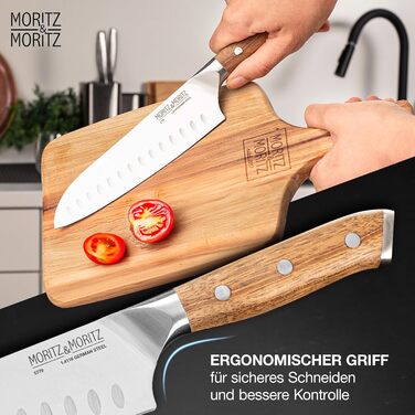 Ніж кухарський Moritz & Moritz 20 см з дамаської сталі 67 шарів - професійний ніж для кухні з ергономічною ручкою з акації