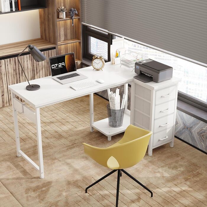 Кутовий письмовий стіл Coleshome L-подібний, 120x70 см, з 4 шухлядами, білий — обернений комп'ютерний стіл для офісу, кабінету та спальні